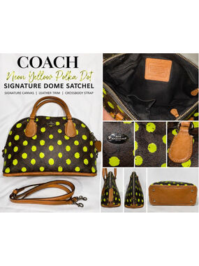 Coach Neon Yellow Polka Dot Signature Satchel Dome Bag Crossbody Brown Canvas